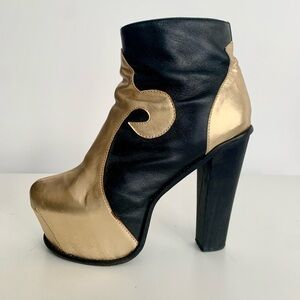 Jeffrey Campbell Black and Gold Leather Platform Ankle Boots
